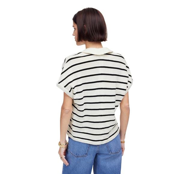 Madewell Relaxed V-Neck Polo Knit Top XS NWT Ivory Black Stripe Cotton - Picture 3 of 7
